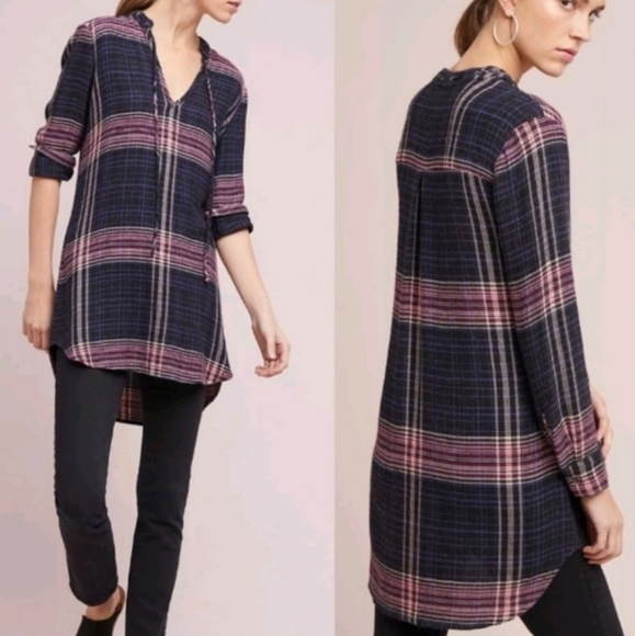 Anthropologie Dresses & Skirts - Anthro Cloth & Stone Versify Tunic Dress Plaid Black Purple Long Sleeve S